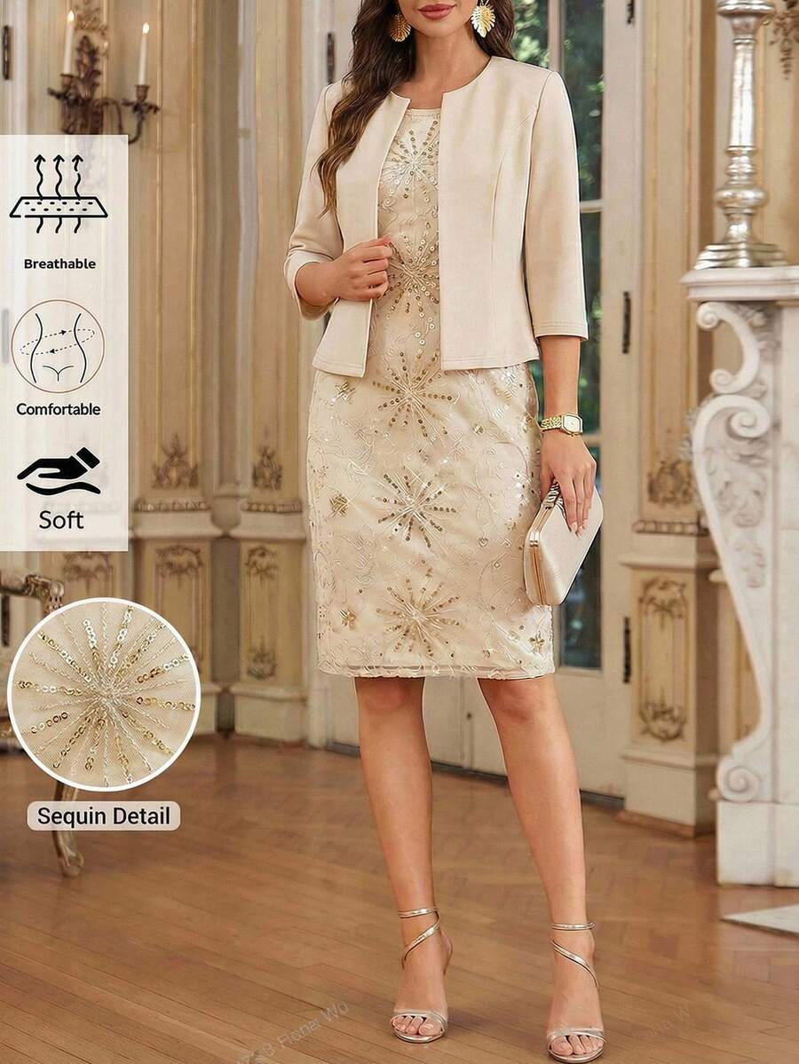 Ellevyn Women's Mesh Backless Tie-Up Elegant Romantic Sexy Date Dress, Evening Cocktail Party Dress, Wedding Guest Dress, Holiday Vacation Dress, Girls' Night Out, Clubwear, Dinner Date Outfit Sequin Dress,Women's Mesh Romantic Elegant Sequin Waist Fitted Sleeveless Mini Dress And 3/4 Sleeve Waist Jacket 2-Piece Set, Suitable For Cocktail Party, Wedding Guest Attire, Club Wear, Vacation - Apricot - View 1