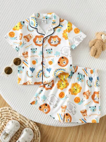 SHEIN 两件套男婴休闲可爱卡通动物图案针织软领短袖衬衫上衣和短裤睡衣套装，适合春夏季穿着