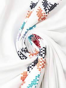 SHEIN PETITE 小码系列女士春夏度假风复古印花流苏下摆无袖连衣裙 - 白色 - 查看 5