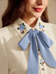 Vintamour 复古经典优雅女士刺绣衬衫，领口系带蝴蝶结衬衫，撞色长袖纽扣衬衫，白色衬衫 - 淺藍色 - 查看 6
