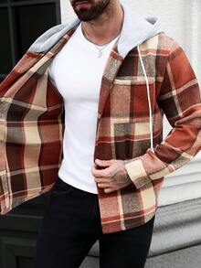 Manfinity Homme Áo khoác nam cỡ lớn kẻ caro có mũ trùm đầu, dây rút, kiểu dáng thường ngày, không kèm áo thun bên trong, quà tặng cho bạn trai. - Nhiều màu - Xem 6