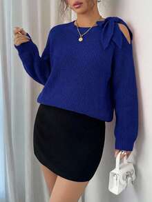 Women's Casual Everyday Commute Simple Solid Color Twist Cold Shoulder Raglan Sleeve Loose Knit Sweater, Autumn/Winter - Royal Blue - View 5