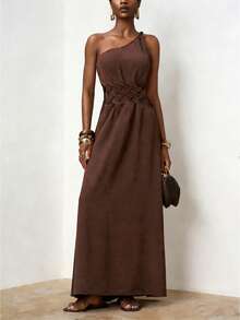 Zivah 2026 Spring/Summer New Arrival One Shoulder Twist Waist Woven Detailing Real Pockets A-Line Dress - Mocha Brown - View 2