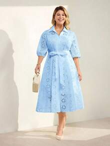 Momelise 大码女式优雅纯色V领镂空刺绣灯笼袖开衫，配纽扣腰带长裙，大码茶会连衣裙，大码镂空连衣裙，大码浅蓝色连衣裙，大码女式夏季套装 - 藍色 - 查看 4