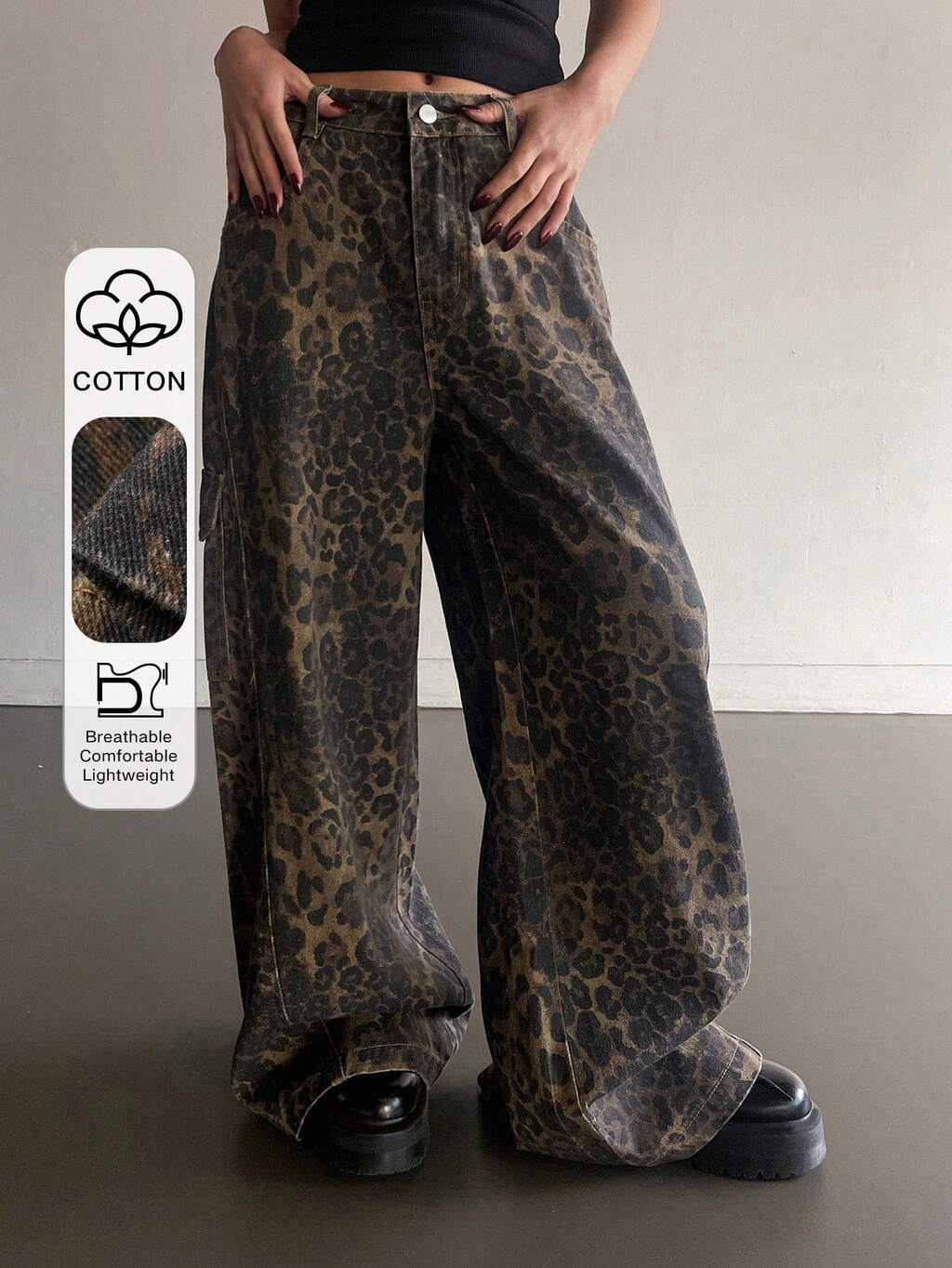 Damskie jeansy casualowe z luźnymi prostymi nogawkami, z przetarciami i nadrukiem w panterkę, swobodny styl wakacyjny, wiosna/lato