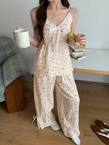 DAZY Women's Sweet Polka Dot Allover Print Textured Chiffon Pajama Set, Summer - White - View 10