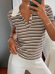 DAZY 女士半拉链插肩短袖休闲条纹T恤，夏季 - 白色 - 查看 3