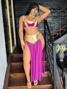 Fantasy Costume Plus Size Vintage Sleeveless V Neck Backless Long Textured Pattern PU Costume Multicolor - Multicolor - View 4