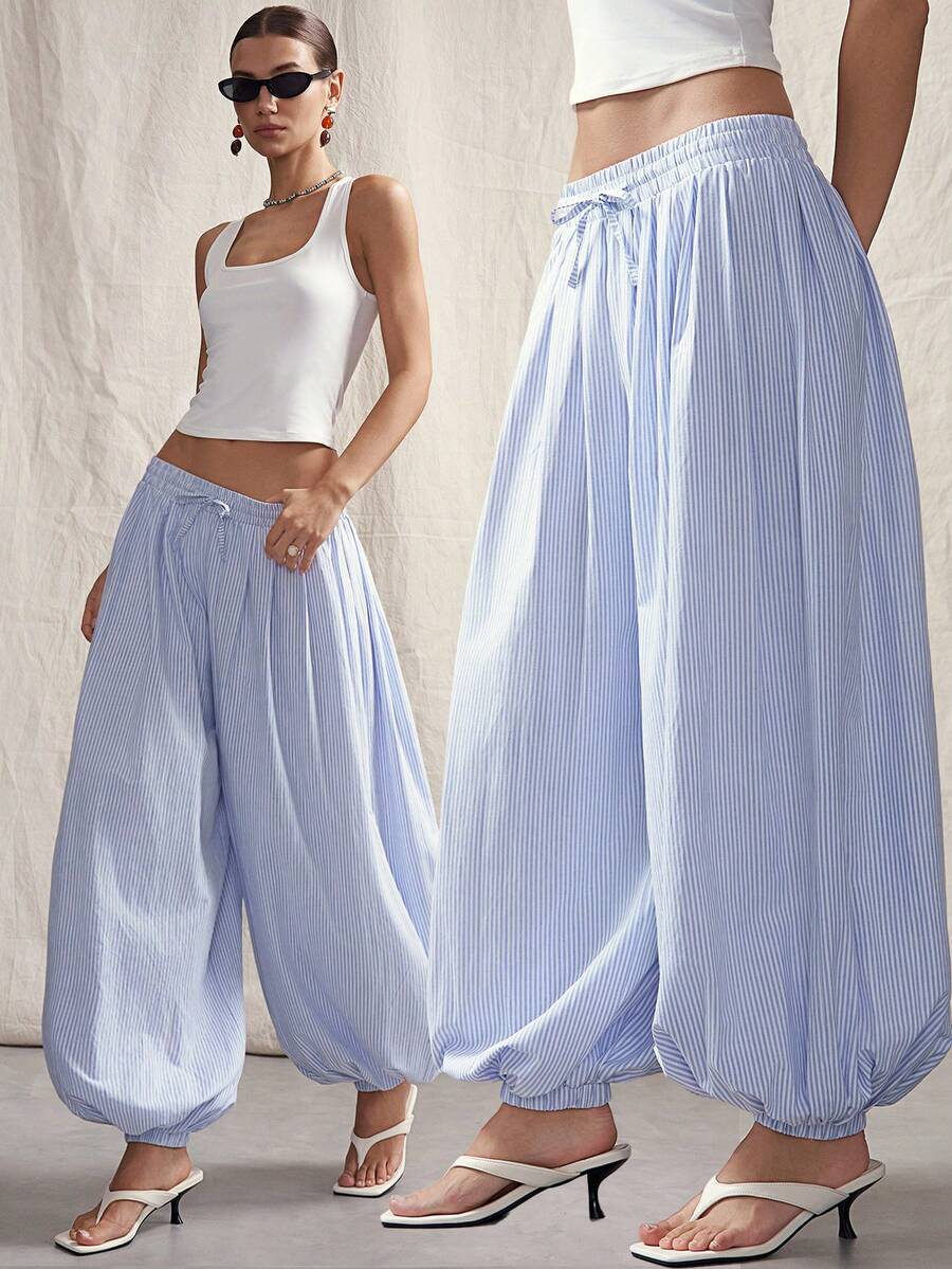SHEIN ICON Women's Casual Striped Print Drawstring Waist Loose Harem Pants, Suitable For Commuting And Vacation,Spring/Summer - Blue and White - View 1