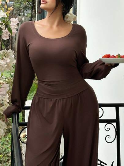 Dazy Plus 2pcs/Set Solid Color Stretchy Tight Fit Long Sleeve Top And Long Straight Leg Pants Sleepwear Set, Plus Size Women, Spring/Autumn