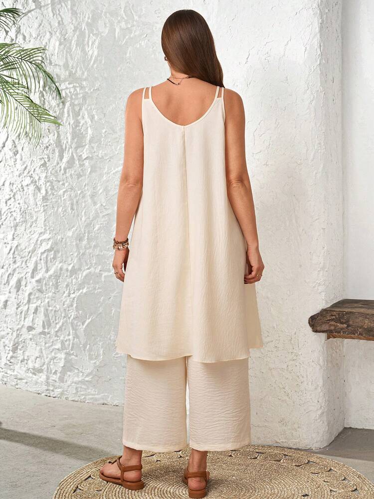 Plus Size Casual Solid Color Camisole & Pants 2 Pieces Set/Summer/Vacation Women Vacation Outfit Sets Women's Summer Outfits Women Spring Outfit Women 2 Pieces Outfit Casual Summer Outfits For Women Beach Outfit For Women Casual Vacation Outfits Women Country Concert Outfit Peplum