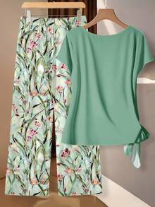 SHEIN RusticEase 女士系带蝴蝶结衬衫和直筒宽松裤两件套 薄荷绿套装 女士浅绿色上衣 春季服装 春季上衣 鼠尾草绿上衣 女士度假装 夏季假日装 优雅女士衬衫 春季休闲装 - 彩色 - 查看 2