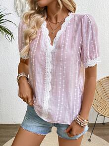 SHEIN Holidaya 女士春夏V领蕾丝边饰花瓣袖提花衬衫，浅粉色商务休闲女式上衣，夏季可爱牛仔上衣，蕾丝衬衫，夏季女式衬衫，休闲优雅女式衬衫 - 粉色 - 查看 5