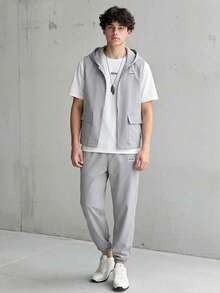 Vacaura 3pcs/Set Teenage Boys Casual Outfit - Black Vest, White T-Shirt, Black Pants - Grey - View 1