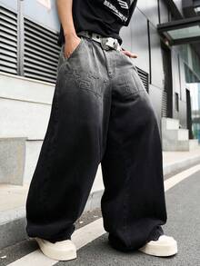 Manfinity EMRG Men's Street Fashion Casual 3D Embossed Curved Knife Black Denim Jeans - Black - View 7