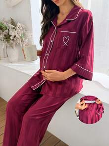 Women's Satin Striped Jacquard Pocket Heart Embroidery 3/4 Sleeve Pajama Set - Burgundy - View 1