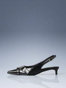 CUCCOO GRLICON 酒红色漆皮尖头交叉绑带设计空心小猫和女士高跟鞋 - 黑色 - 查看 2