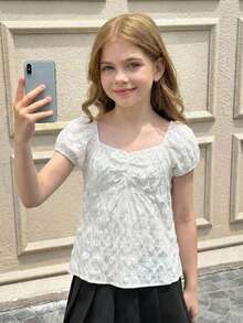 SHEIN Tween Girl's Solid White Textured Fabric Everyday Casual Semi-Sheer Sweetheart Neck Plain Ruched Bust Peplum Top Short Sleeve Blouse - White - View 7