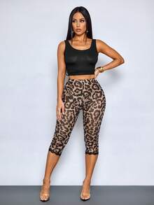 SOLERSUN Leggings capri de malla con decoración de encaje y estampado de leopardo de moda y sexy (floral aleatorio) para mujer - Marrón - Ver 7