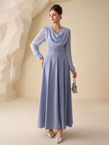 Modelyn 2pcs Blue Elegant Draped Neck Long Sleeve Outfit For Women Dress Modest Long Sleeve Elegant Dress - Blue - View 5