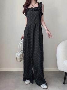 FRIFUL Bộ áo liền quần nữ chấm bi xếp ly bồng bềnh, thích hợp mặc hàng ngày, đi nghỉ mát và du lịch. - màu đen - Xem 3