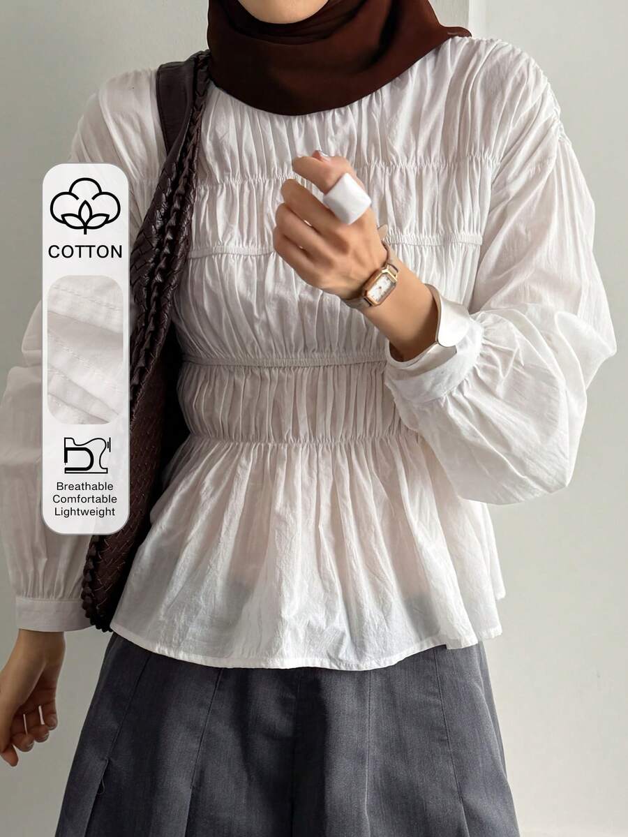DAZY 女士休闲纯色长袖圆领衬衫，适合春季、夏季和情人节穿着。 - 白色 - 查看 1