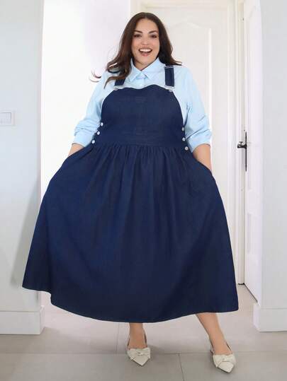 Pretty and Ole 大码纯色无袖牛仔连衣裙，带口袋