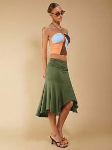 Women's Elegant Asymmetrical Ruched Brown Skirt, Suitable For Spring And Summer - Army Green - View 3