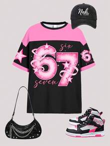 少女休闲撞色趣味数字67蝴蝶结星星印花宽松短袖T恤，运动风，适合夏季穿着 - 彩色 - 查看 2