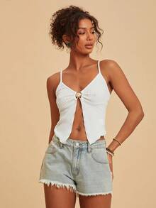 Travachic Solid Color Metal Decor Slit Textured Camisole Tank Top, Vacation Wear,Summer Outfits For Women,Beach Outfits For Woman,Women,Concert Outfit Women,Boho,Summer Top - Apricot - View 5