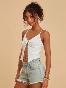 Travachic Solid Color Metal Decor Slit Textured Camisole Tank Top, Vacation Wear,Summer Outfits For Women,Beach Outfits For Woman,Women,Concert Outfit Women,Boho,Summer Top - Apricot - View 8
