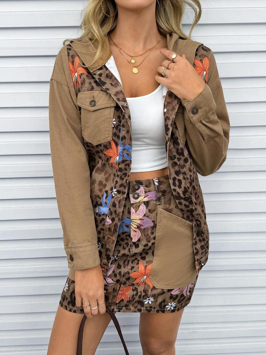 EMERY ROSE Women's Leopard Print Pocket Hooded Long Sleeve Denim Jacket And Coat - Coffee Brown - View 1