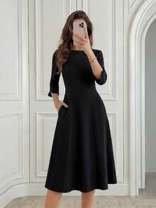 Medorina Vestido elegante de longitud media con cuello redondo, mangas 3/4 y bolsillo en la cintura deunicoloro para mujer - Negro - Ver 5