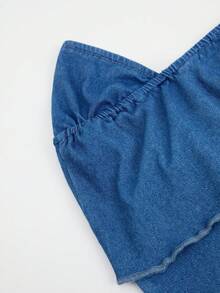 GlowEve Women's Casual 3D Floral Asymmetric Hem Lettuce Edge Denim Blouse, Autumn - Blue - View 3