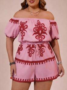 SHEIN VCAY Mono de hombros descubiertos minimalista y estampado para uso diario en tallas grandes - Rosa - Ver 4