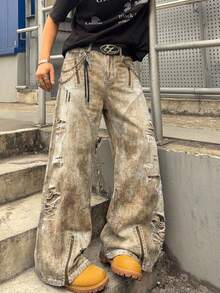 ROMWE MEN Spring/Summer Casual Graphic Men'S Pocket Loose Wide Leg Casual Versatile Jeans - Khaki - View 1