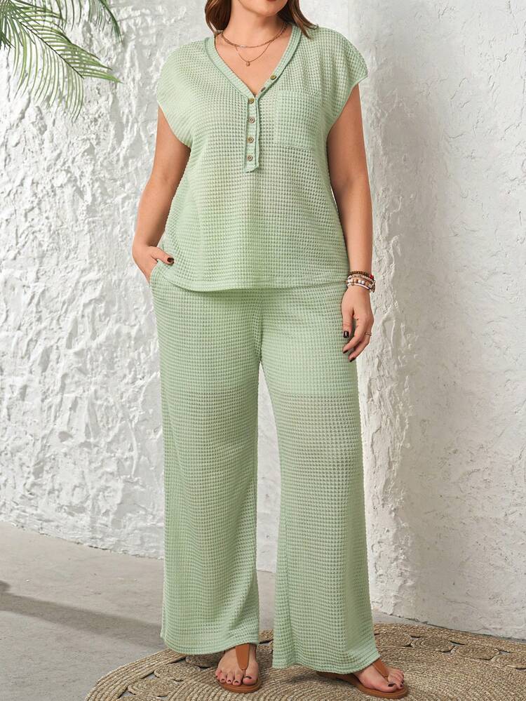 Plus Size Summer Casual Solid Color Top And Pants 2 Pieces Set\Vacation Women Vacation Outfit Sets Women S Summer Co Ord Women 2 Piece Outfit Casual Summer Outfits For Women  Beach Outfit For Women  Casual  Vacation Outfits Women Country Concert Outfit Peplum
