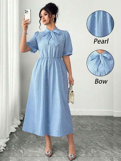 Elenzga Plus Size Women's Bestselling French Elegant Bowknot Collar Waist Slimming A-Line Short Sleeve Dress, Suitable For Daily Commute, Dates, Travel, Photo Shoots, And Casual Outings