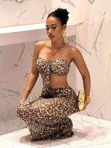 Slaydiva 优雅的春夏海滩度假造型：一件系带无肩带网纱豹纹上衣和一条修身鱼尾长裙。另含一套女士豹纹半透明套装。 - 彩色 - 查看 5