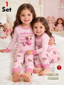 1 Conjunto de Pijama para Niñas Jóvenes con Parte Superior de Manga Larga de Punto Ajustada con Cuello y Puños a Contraste con Estampado de Corazones y Niñas, y Pantalones con Estampado Completo - Rosa - Ver 5