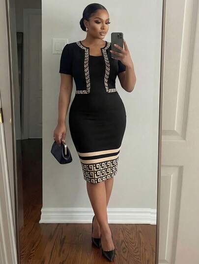 SHEIN Lady 女士几何印花拼接短袖优雅中长连衣裙