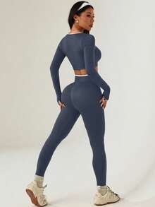 Dewbera Dewbera 2件套女士无缝撞色运动套装健身服女式健身套装2件套健身紧身裤套装2件套运动服女式套装紧身裤女式两件套健身套装女士运动服套装慢跑套装 - 灰色 - 查看 2