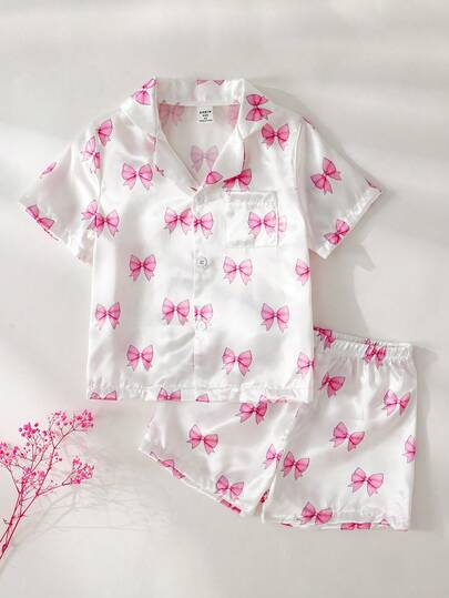 Young Girl' Pink Bow Print Lapel Short Sleeve Shorts Set, Flame Retardant Loungewear