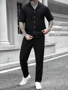 Manfinity CasualCool Men's Casual Solid Color Short Sleeve Shirt & Pants Set Mens Clothes Outfits Classic Outfit For Men Mans Outfit Male Outfit Polo For Men Formal Outfit Old Money,Daily Leisure, Weekend Trips, Outdoor Activities, Travel Expeditions, Relaxed Work Environments Or Semi-Formal Occasions, Boyfriend/Husband Gift, Anniversary /Birthday Gift Party Summer Vacation Holiday,Wedding,Spring To Summer,Easter,Y2k,Vintage - Black - View 4
