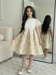 Đầm chữ A phối màu jacquard trang trí nơ, thanh lịch dành cho bé gái tuổi teen dự tiệc. - trắng - Xem 2