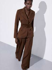 Aveloria Modichic New Fashionable Modern Suit Set With Waist Sash, Double-Layer Four-Way Stretch Faux Pocket Women's 2 Pieces Suit - Brown - View 1