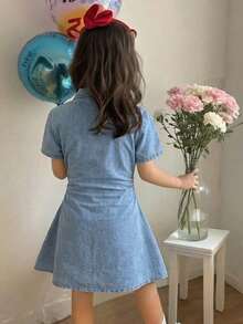 Tween Girl Collared Single-Breasted Pleated Casual Vacation Everyday Denim Dress - Light Wash - View 2