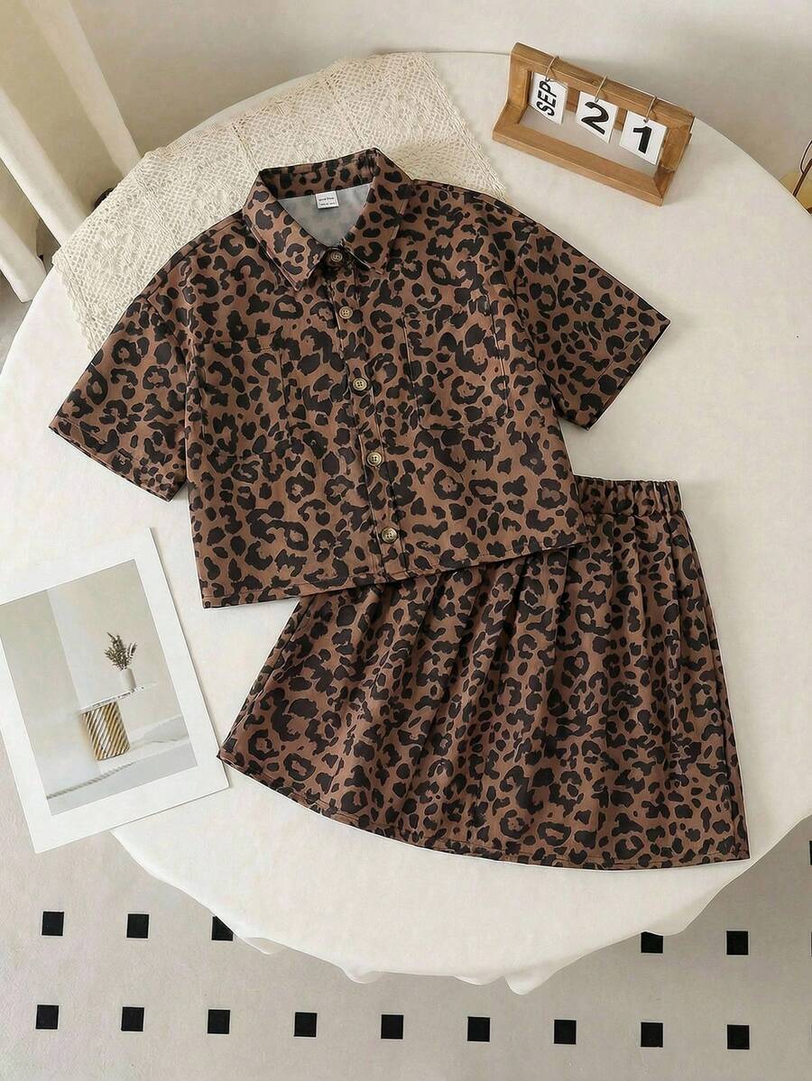 SHEIN Sparklyn Tween Girls Leopard Print Outfit, Includes Loose Fit Top And Skirt, Soft Fabric, Streetwear Style, Suitable For Casual Daily Wear, Street Fashion Photoshoot And Gatherings - Coffee Brown - View 1