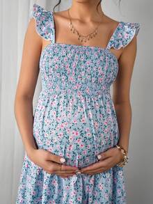 Momance Maternity Sleeveless Square Neck Ruffle Hem Casual Bohemian Midi Dress, Suitable For Baby Shower Photo Shoot - Multicolor - View 9