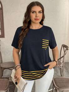 SHEIN LUNE Plus Size Striped Patchwork Contrast Color Pocket Decor Casual T-Shirt Western Wear, Summer Tops - Royal Blue - View 5